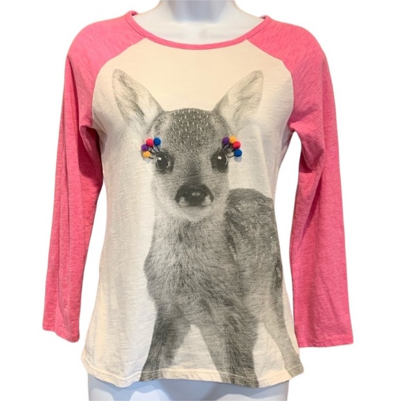 Cat & Jack Other - Cat & Jack Fawn With Pompoms Pink & White Girls 10/12 Long Sleeve Raglan Tee